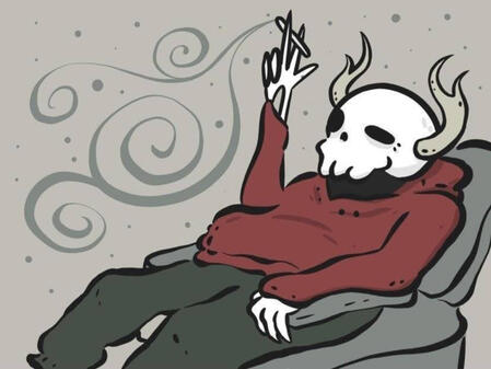 A drawing of a skeleton with antlers reclining in a chair with a lit cigarette. He is wearing an oversized red hoodie and some grey sweatpants.
