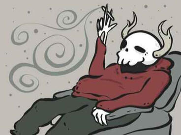 Digital drawing pf a skeleton with antlers reclining in a chair. He is wearing a red hoodie and green trousers, and holding a lit cigarette.